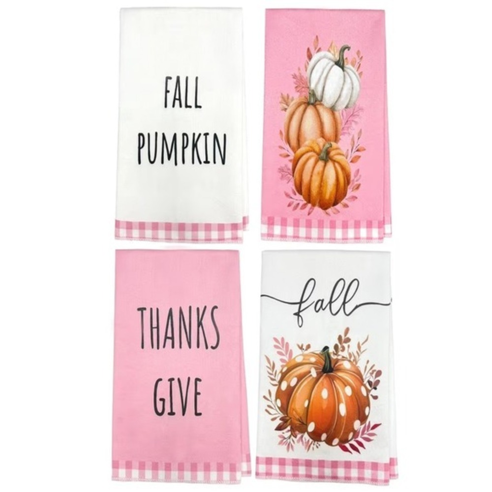 Pink Fall Pumpkin Kitchen Towels‎ Set of 4 Thanksgiving Gingham Harvest Decor